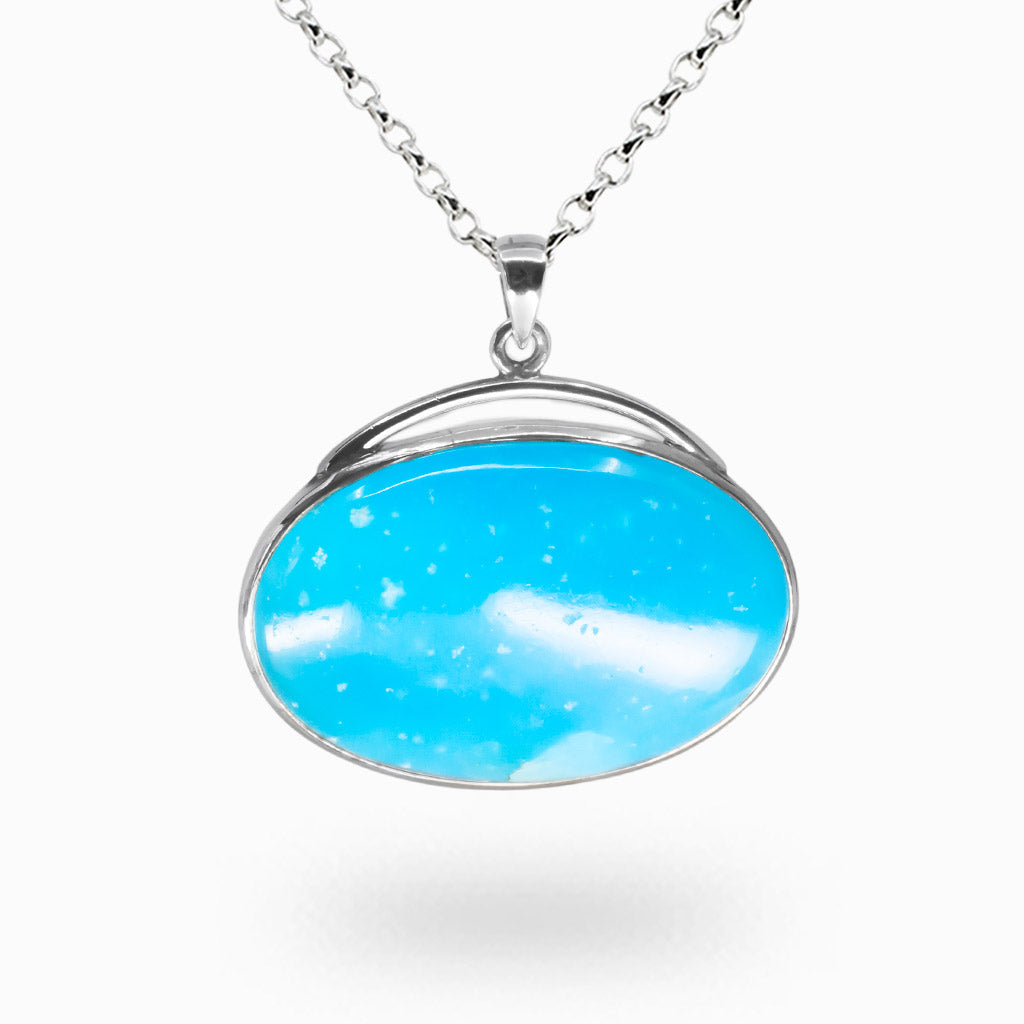 Hemimorphite oval necklace with soft sky blue gemstone and white cloud patterns set in a sterling silver bezel pendant | MADE IN EARTH