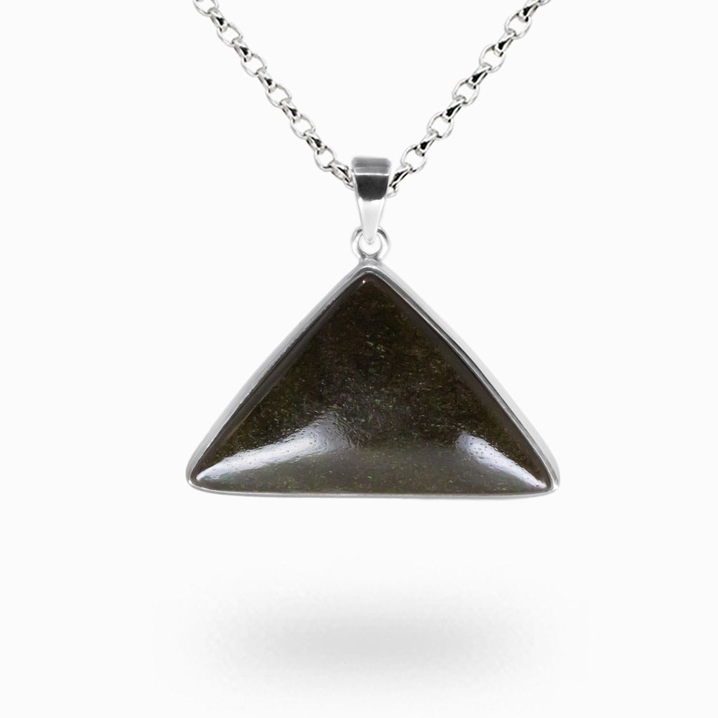 Gold sheen obsidian triangle necklace with natural volcanic glass shimmer, set in sterling silver. A grounding stone for clarity, balance, and protection.| MADE IN EARTH