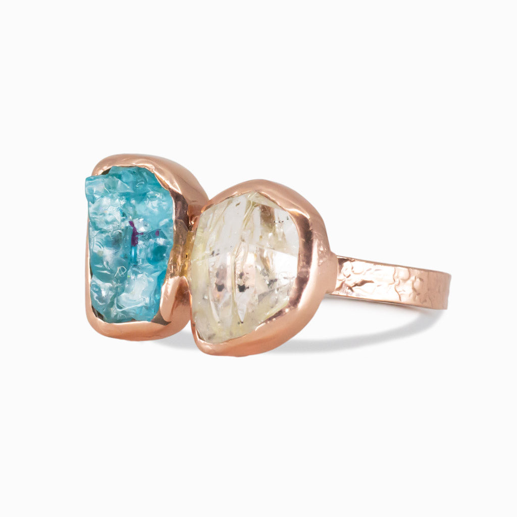 Raw Apatite and Herkimer Diamond ring in rose gold vermeil setting on white background | MADE IN EARTH