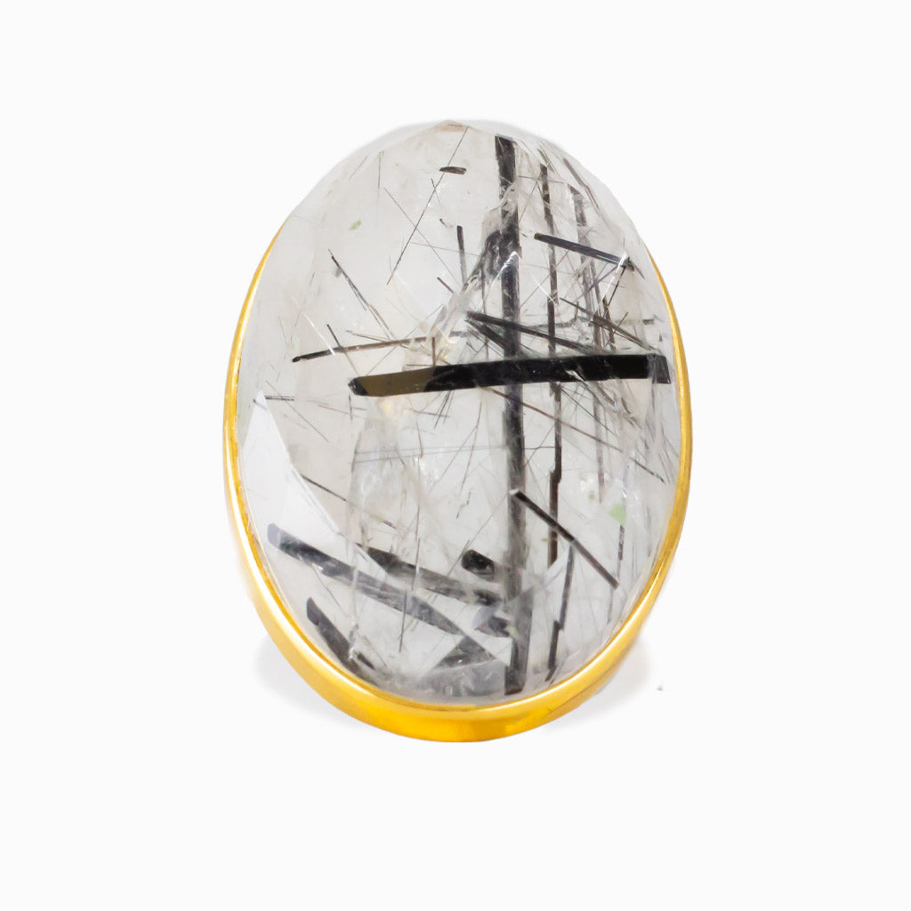 Oval Black Tourmalinated Quartz ring in yellow gold vermeil with bold black inclusions inside clear quartz. | MADE IN EARTH
