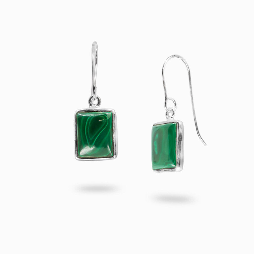 Sterling silver round Malachite drop earrings featuring natural green banding.