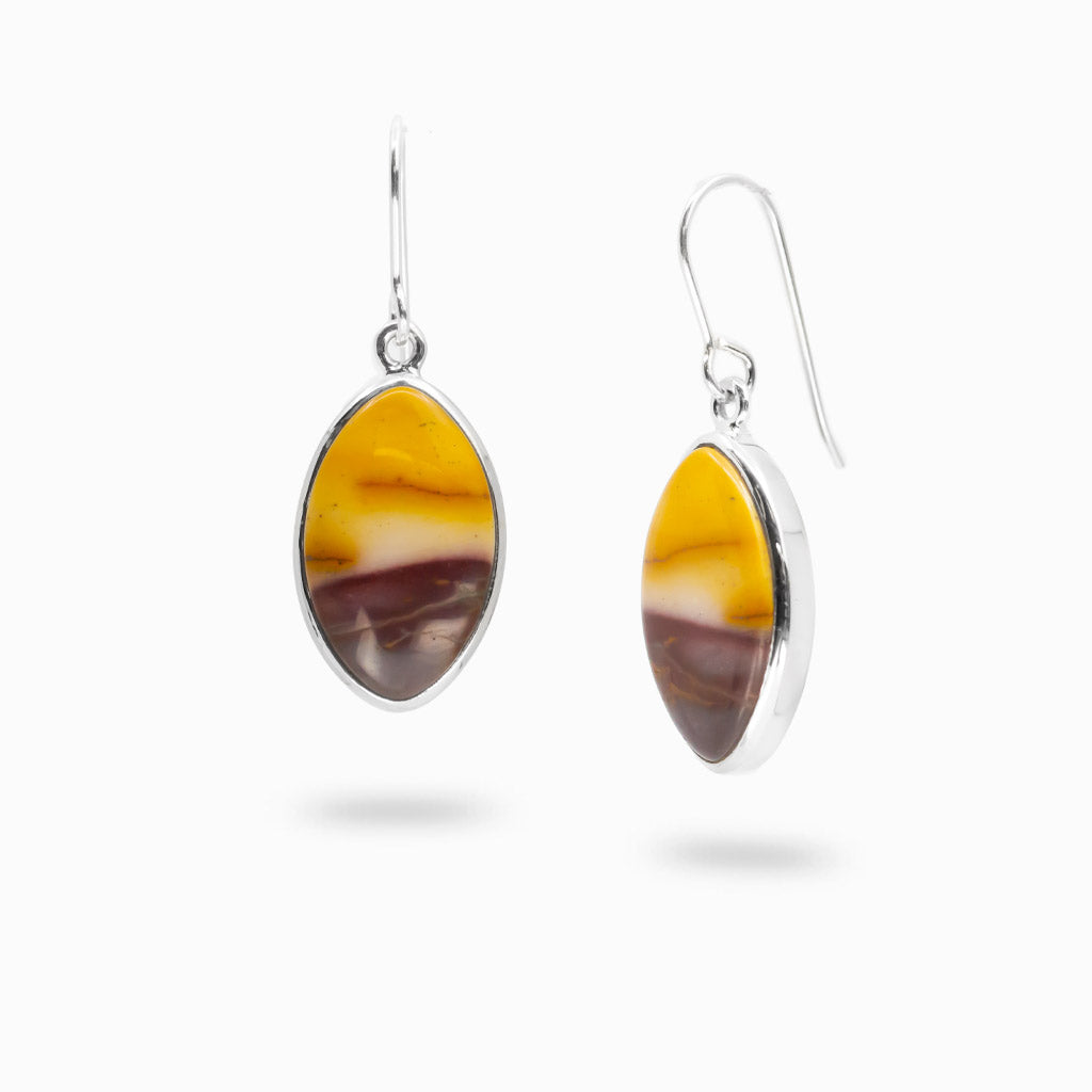 Sterling silver marquise Mookaite Jasper drop earrings.