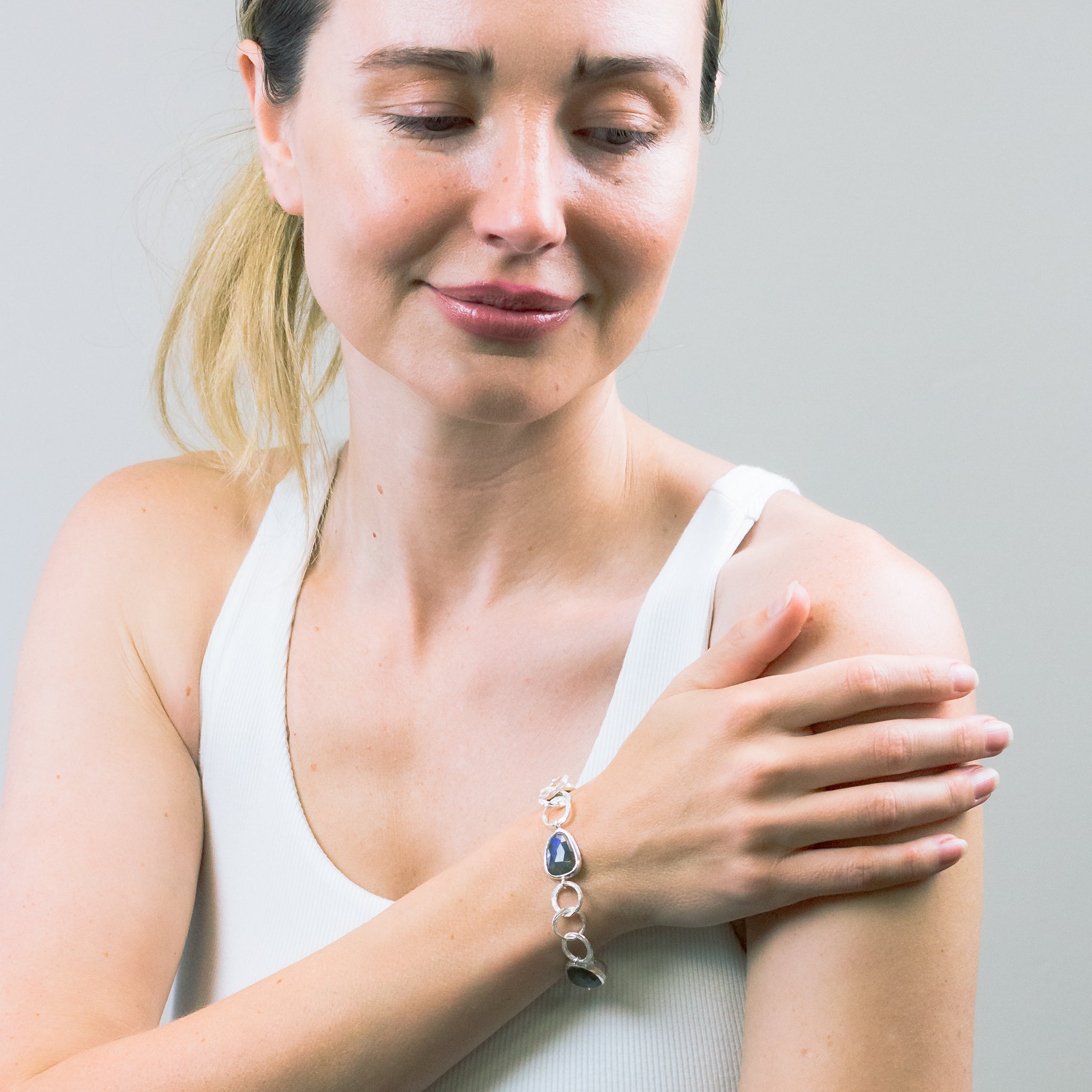 FACETED LABRADORITE BRACELET ON MODEL