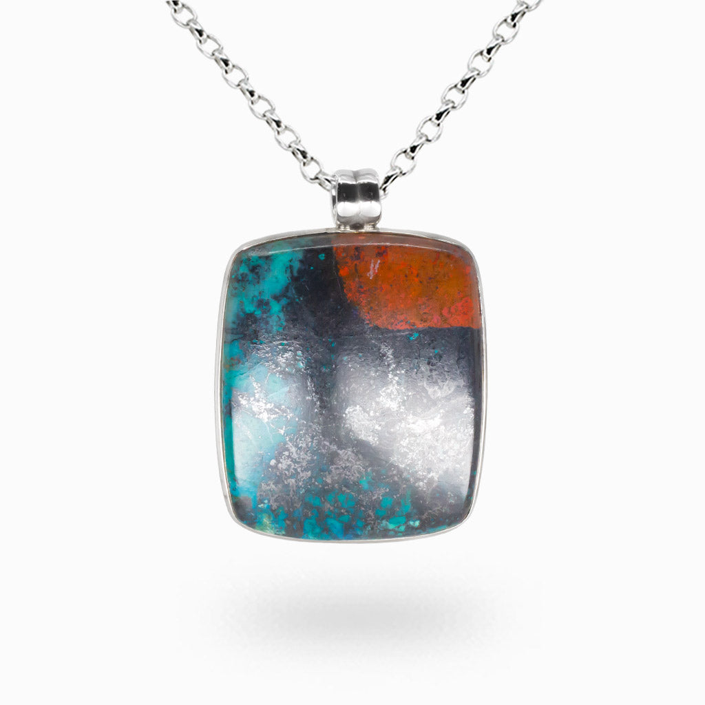 Chrysocolla cuprite square cabochon necklace set in sterling silver with blue and copper gemstone