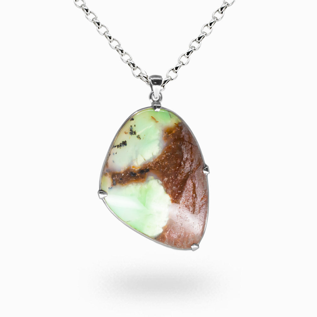 Chrysoprase in matrix necklace with green cabochon gemstone set in sterling silver