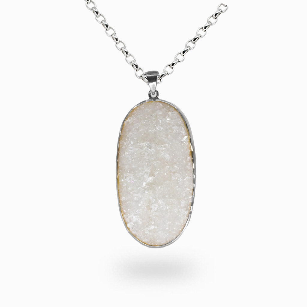 Raw clear quartz druzy necklace with rough natural crystal texture set in sterling silver