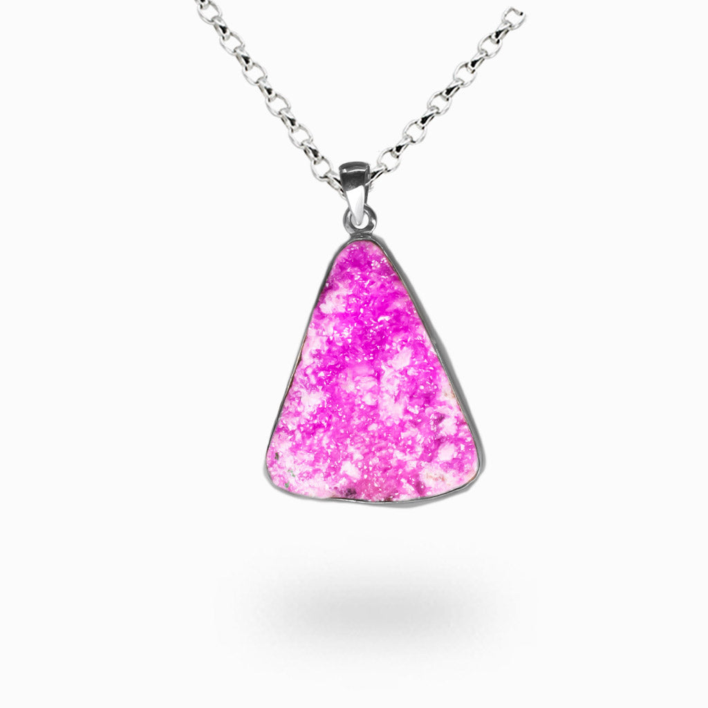 Raw pink cobaltian calcite druzy necklace with natural crystal sparkle set in sterling silver