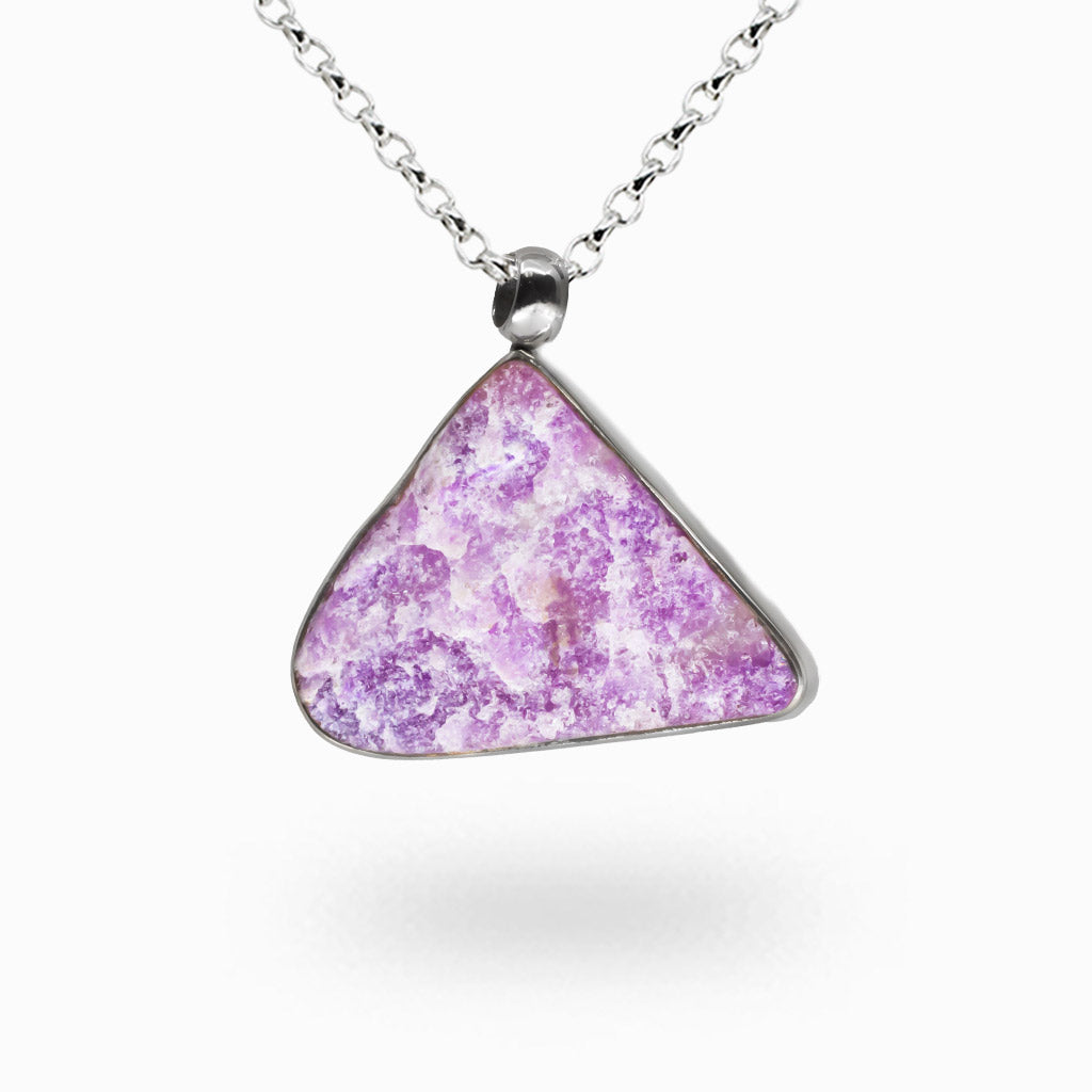 Raw sugilite triangle necklace in sterling silver, rare purple gemstone pendant, high vibration crystal jewelry, spiritual healing stone necklace