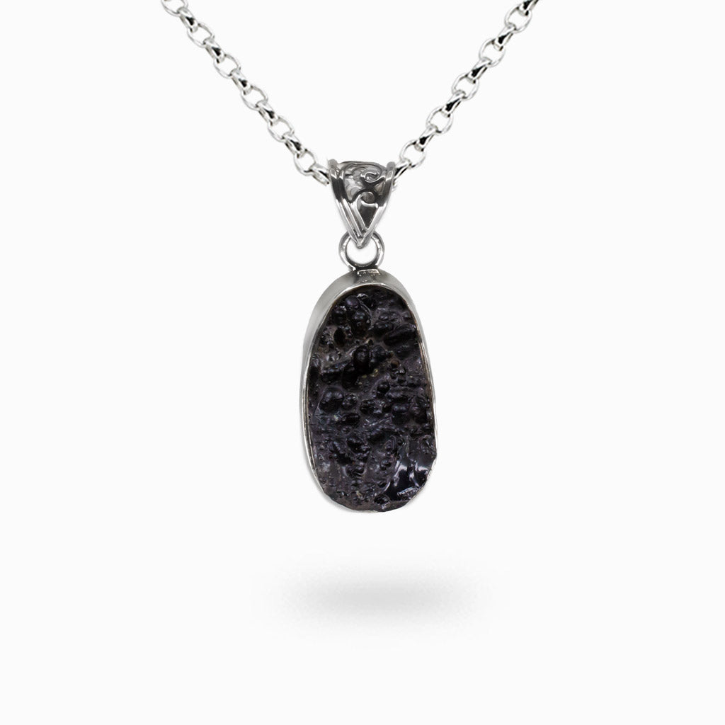 Black lava stone oval necklace in sterling silver bezel, volcanic rock jewelry, natural lava crystal pendant