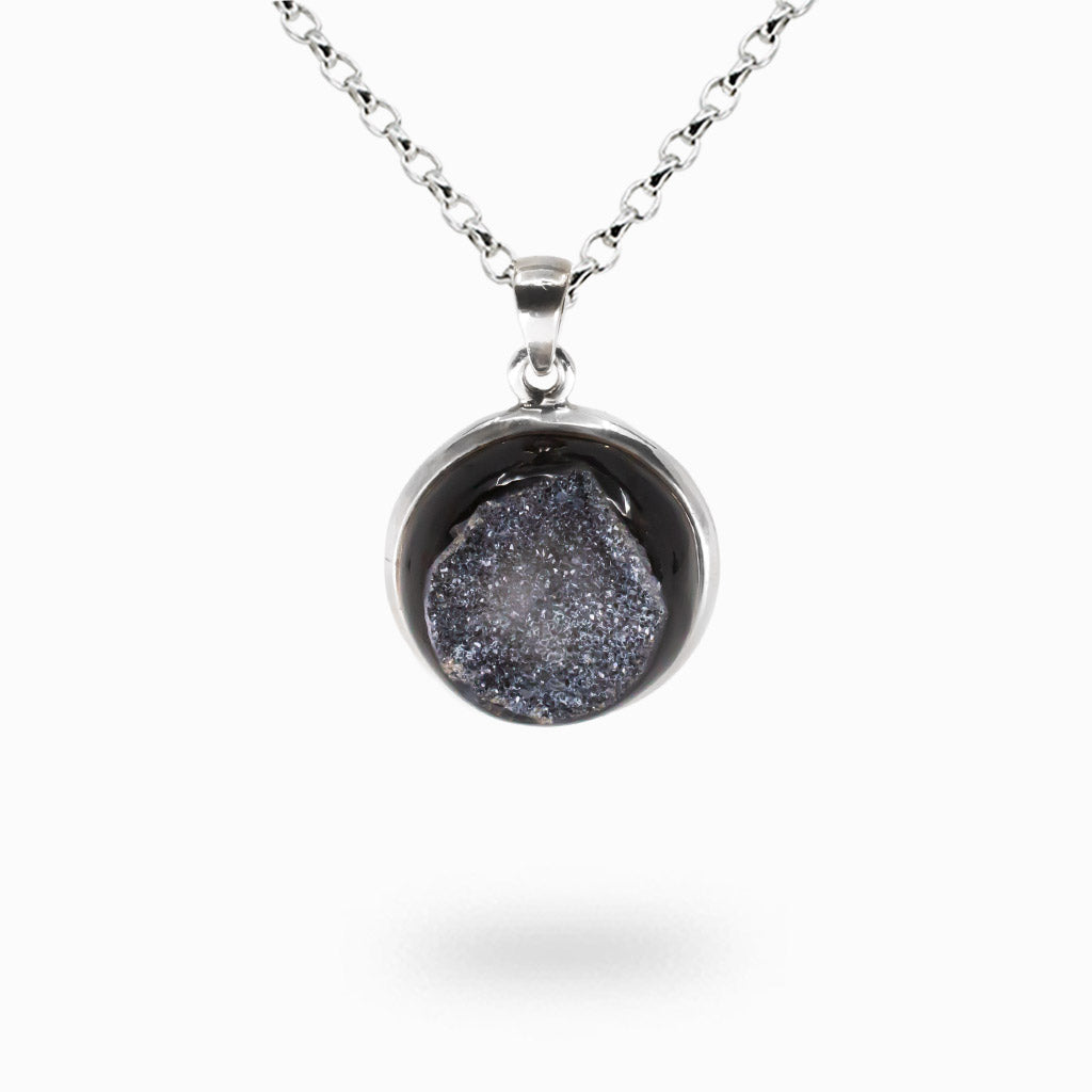 Black onyx druzy necklace with sparkling crystal surface set in sterling silver, grounding protection gemstone jewelry| | MADE IN EARTH
