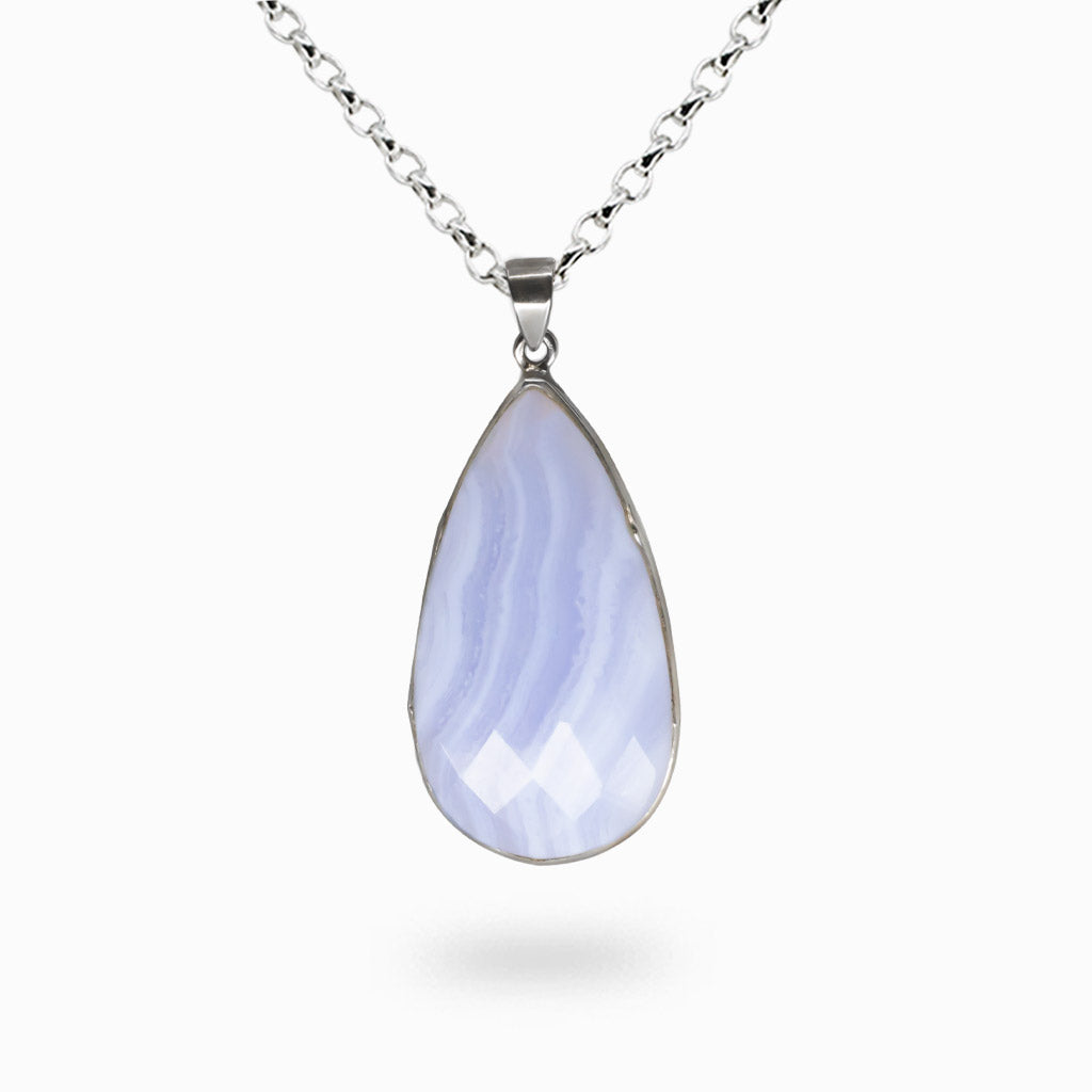 Blue lace agate faceted tear shaped necklace in sterling silver, natural blue agate gemstone pendant for calm and communication. | MADE IN EARTH