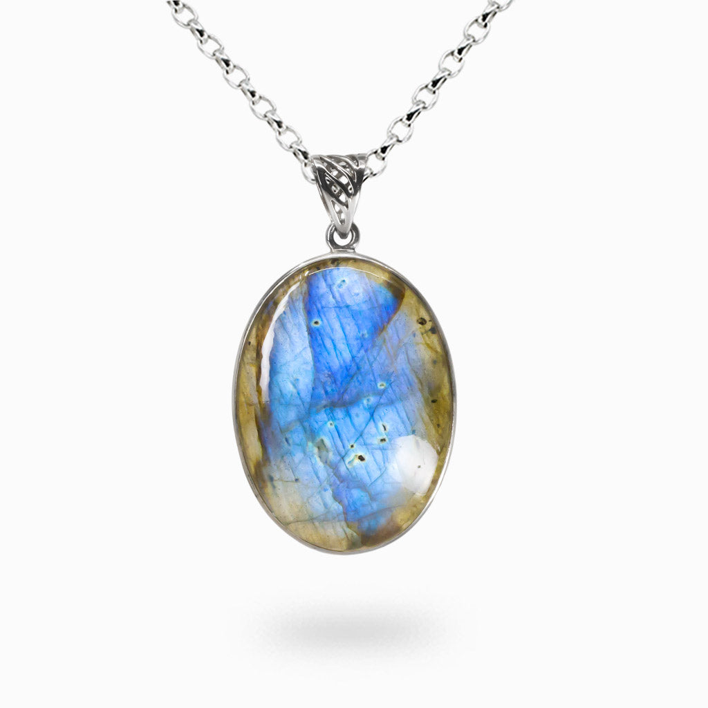 Labradorite cabochon necklace with blue flash set in sterling silver, labradorite crystal pendant