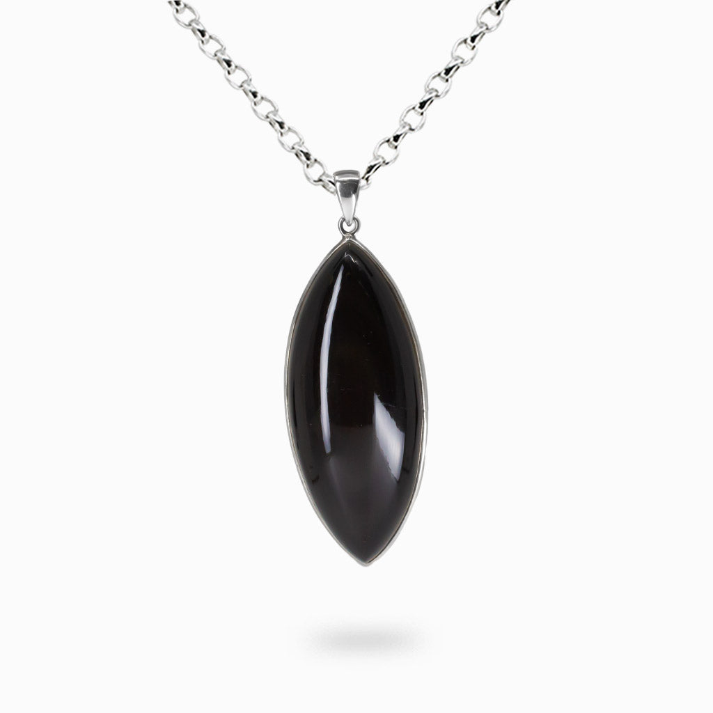 Marquise-shaped black obsidian cabochon necklace with high-gloss polished surface set in sterling silver