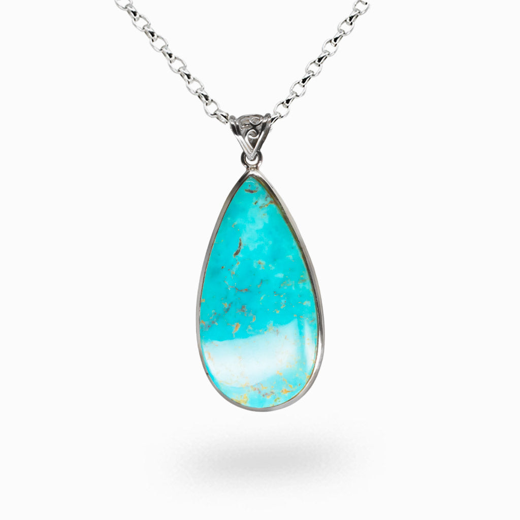Rare Kingman turquoise tear shaped necklace in sterling silver, natural Arizona turquoise gemstone pendant for protection and prosperity. | MADE IN EARTH