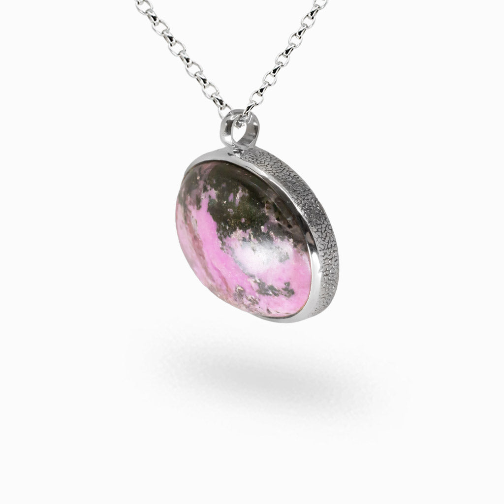 Oval pink cobaltian calcite cabochon pendant set in sterling silver bezel on chain, natural gemstone jewelry. | MADE IN EARTH