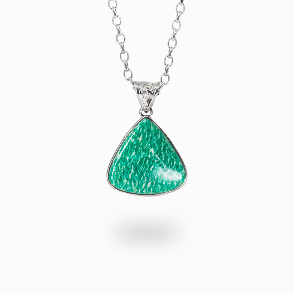 Triangle-shaped Russian Amazonite cabochon necklace set in sterling silver bezel with turquoise green gemstone pendant. | MADE IN EARTH