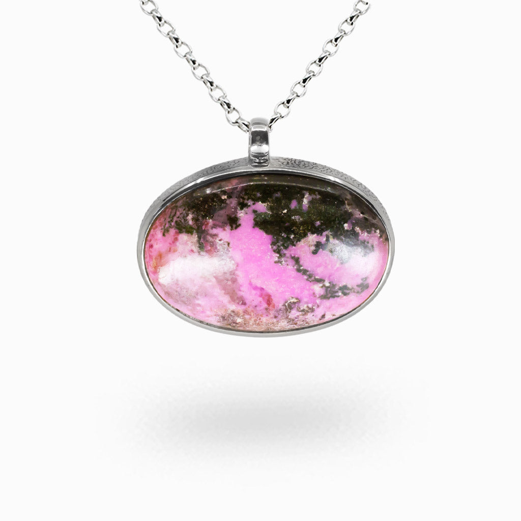 Oval pink cobaltian calcite cabochon pendant set in sterling silver bezel on chain, natural gemstone jewelry. | MADE IN EARTH