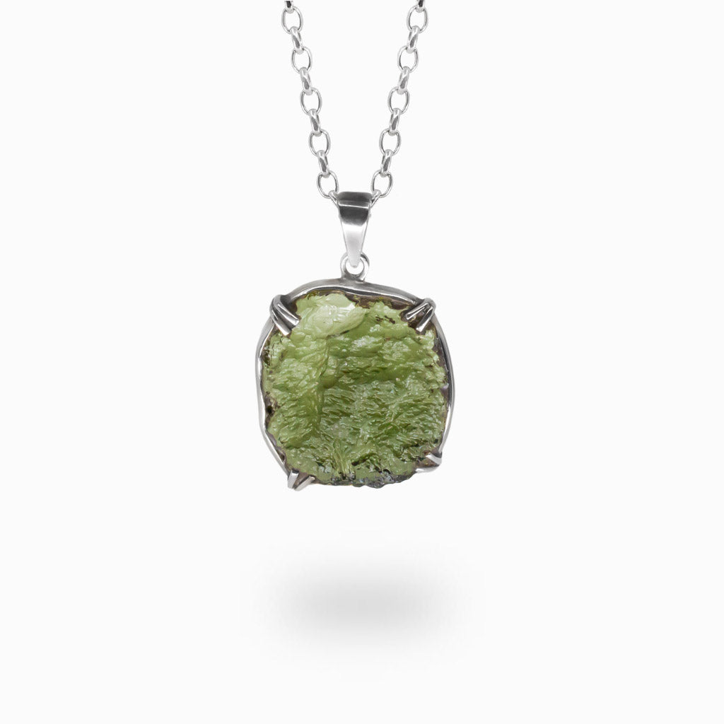 Raw Moldavite necklace in sterling silver bezel, green tektite pendant, rare Moldavite jewelry, natural meteorite stone necklace. | MADE IN EARTH