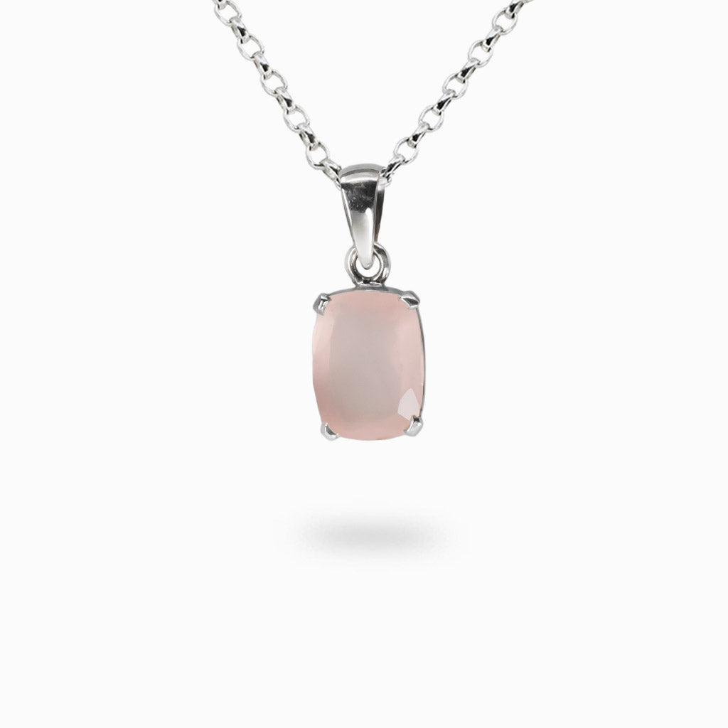 Faceted pink Rose Quartz gemstone necklace set in sterling silver bezel. MADE IN EARTH