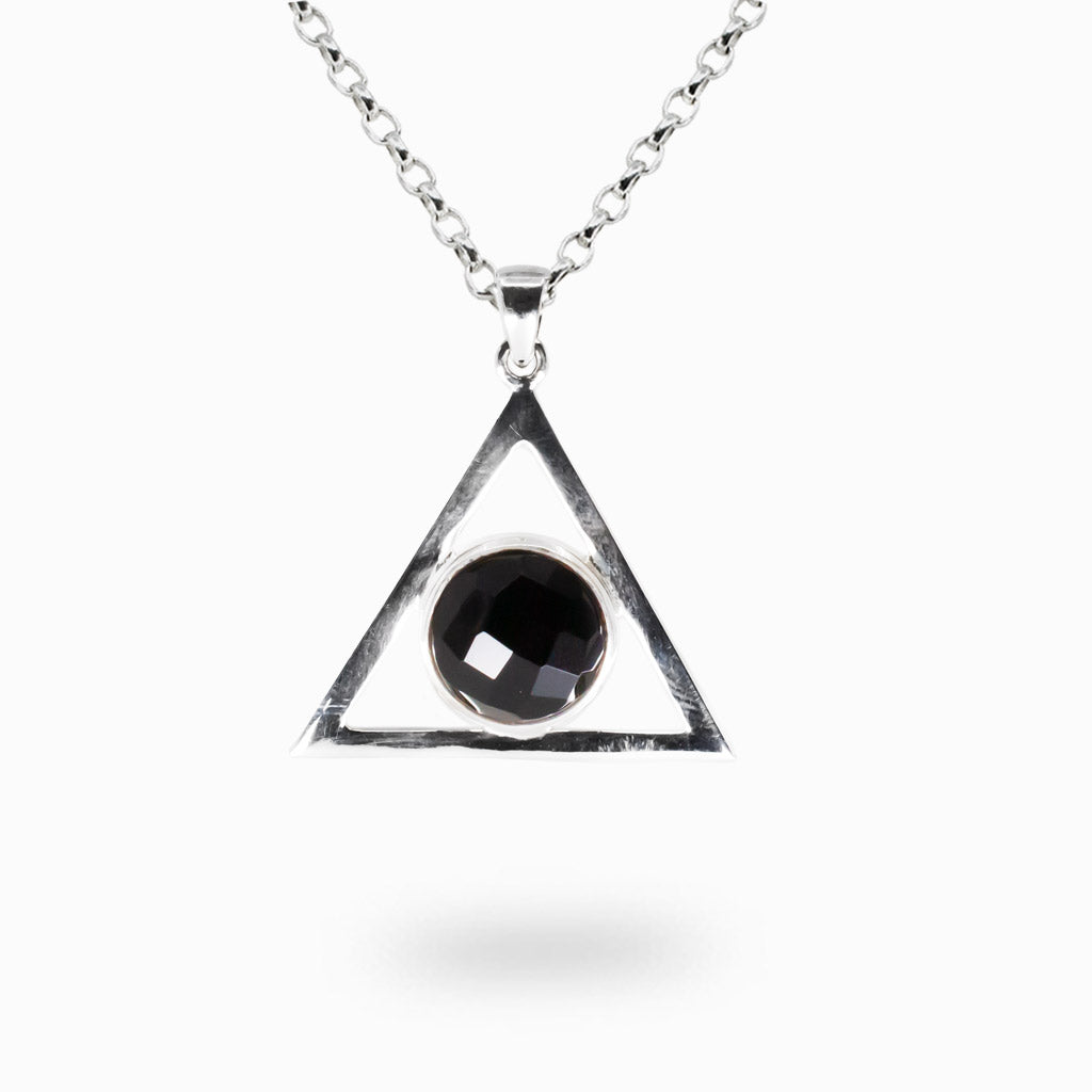 Faceted black onyx pendant in triangle sterling silver frame

