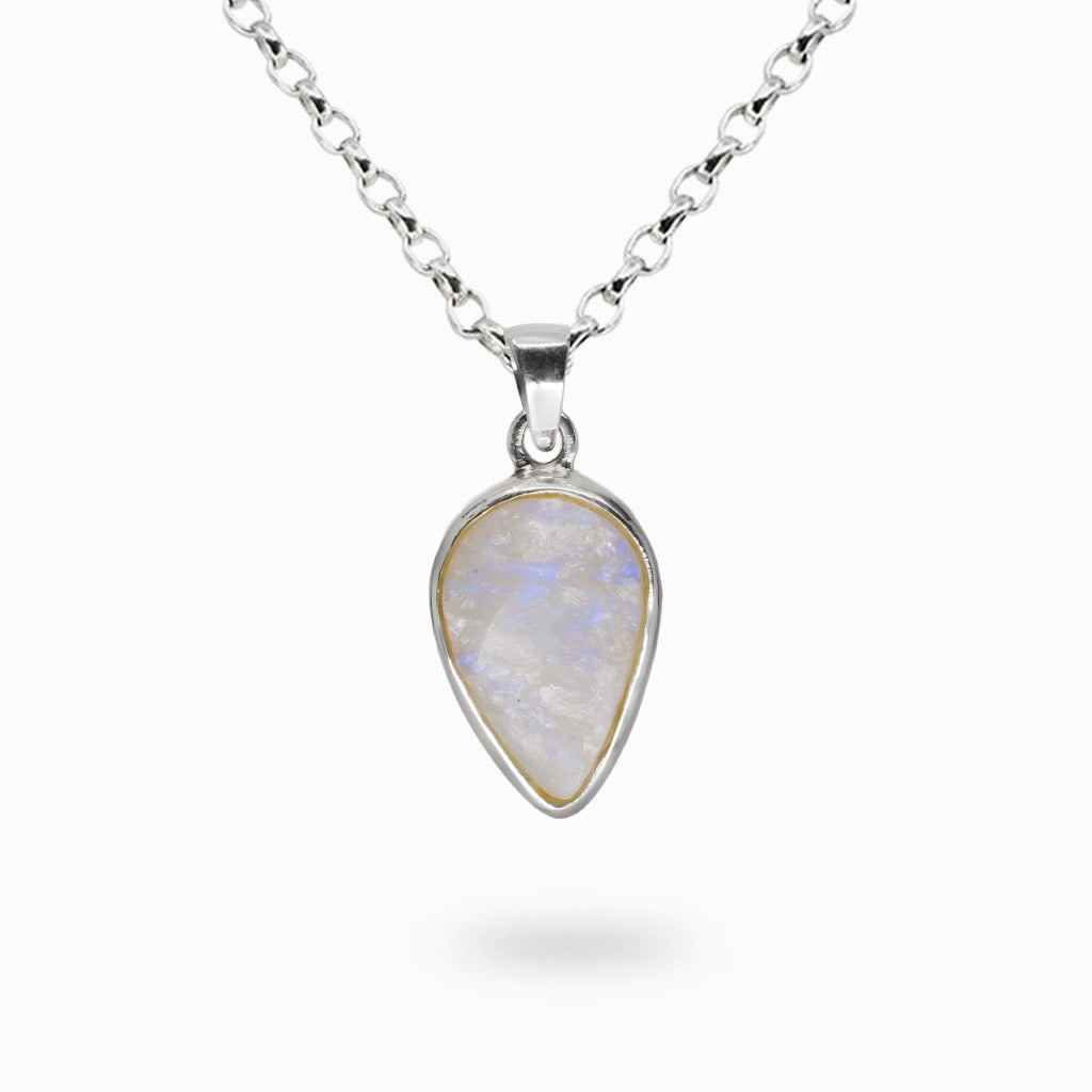RAW TEAR SHAPED RAINBOW MOONSTONE BEZEL NECKLACE STERLING SILVER