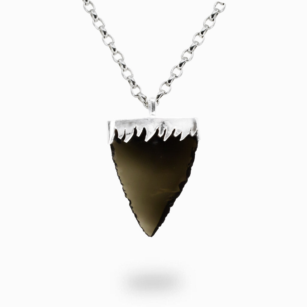 Apache Tear Obsidian arrowhead pendant necklace in sterling silver.