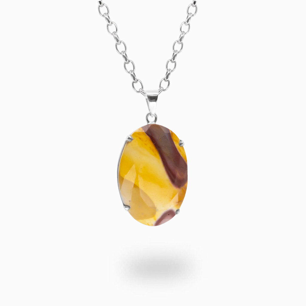 Faceted oval Mookaite pendant necklace in sterling silver featuring golden yellow and burgundy natural gemstone patterns.