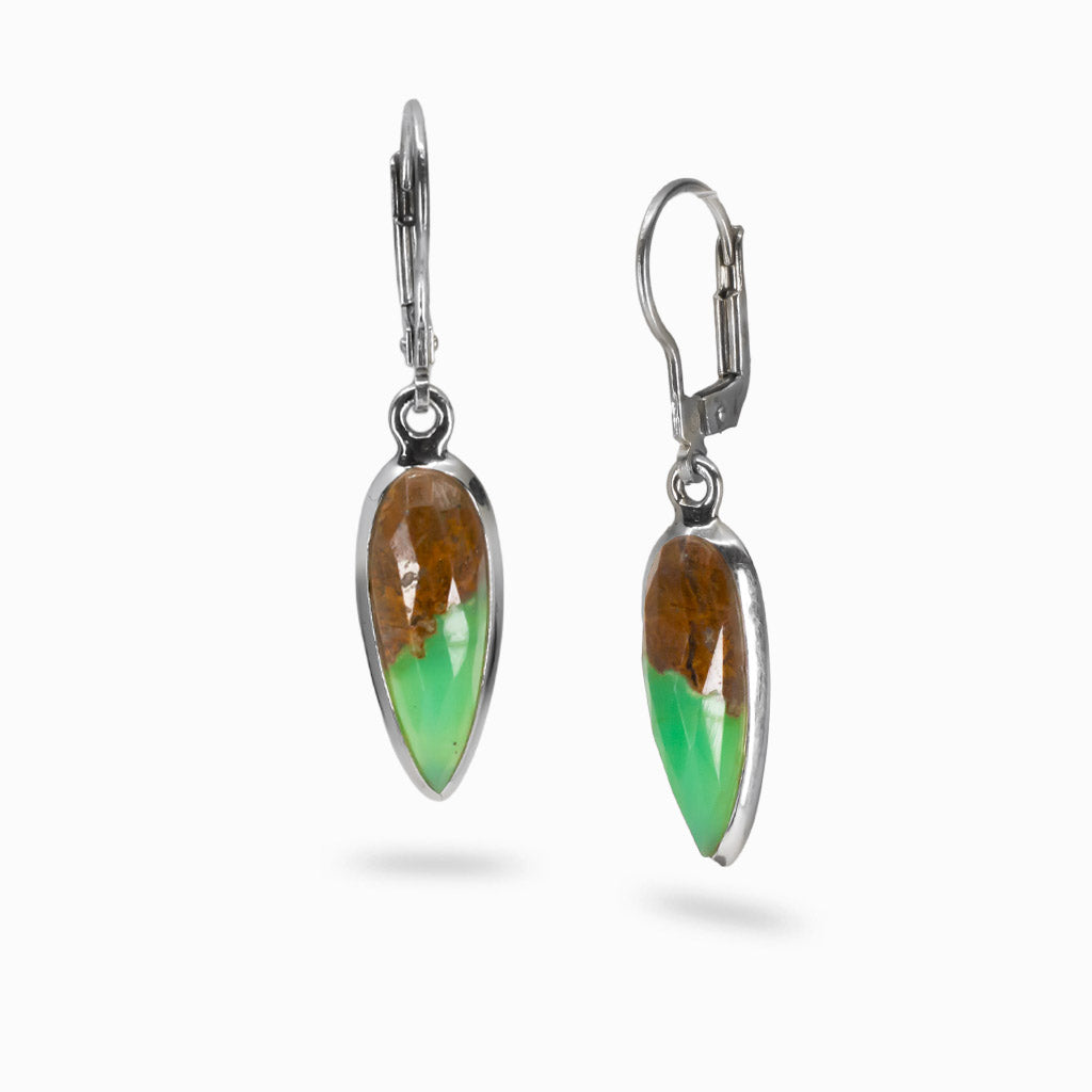 Faceted teardrop Chrysoprase in matrix earrings set in sterling silver with lever-back hooks. | MADE IN EARTH