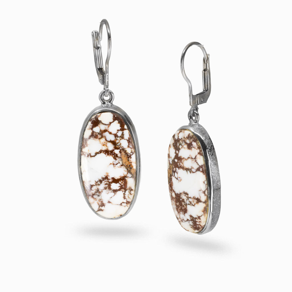 Oval Wild Horse Magnesite cabochon earrings in sterling silver with lever-back hooks. | MADE IN EARTH