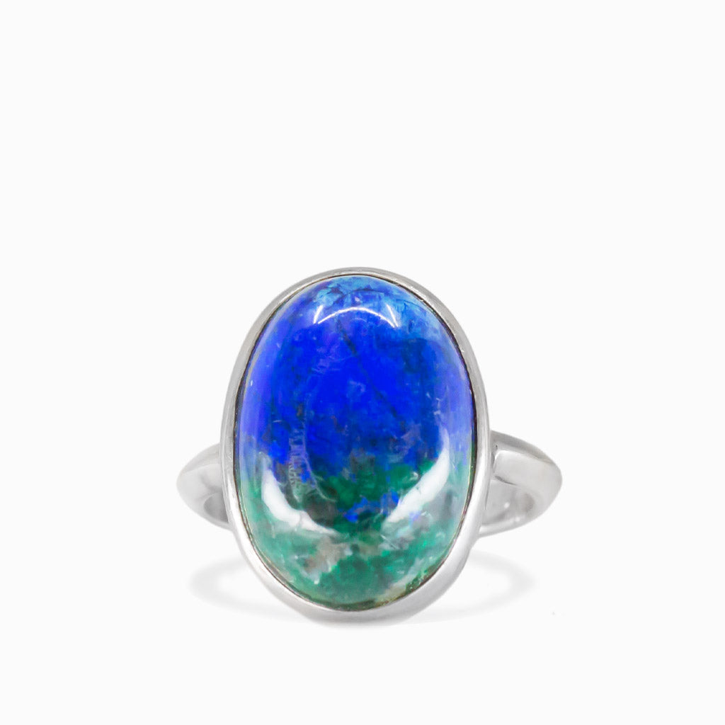 Azurite and dioptase oval cabochon ring in sterling silver with deep blue and green natural stone