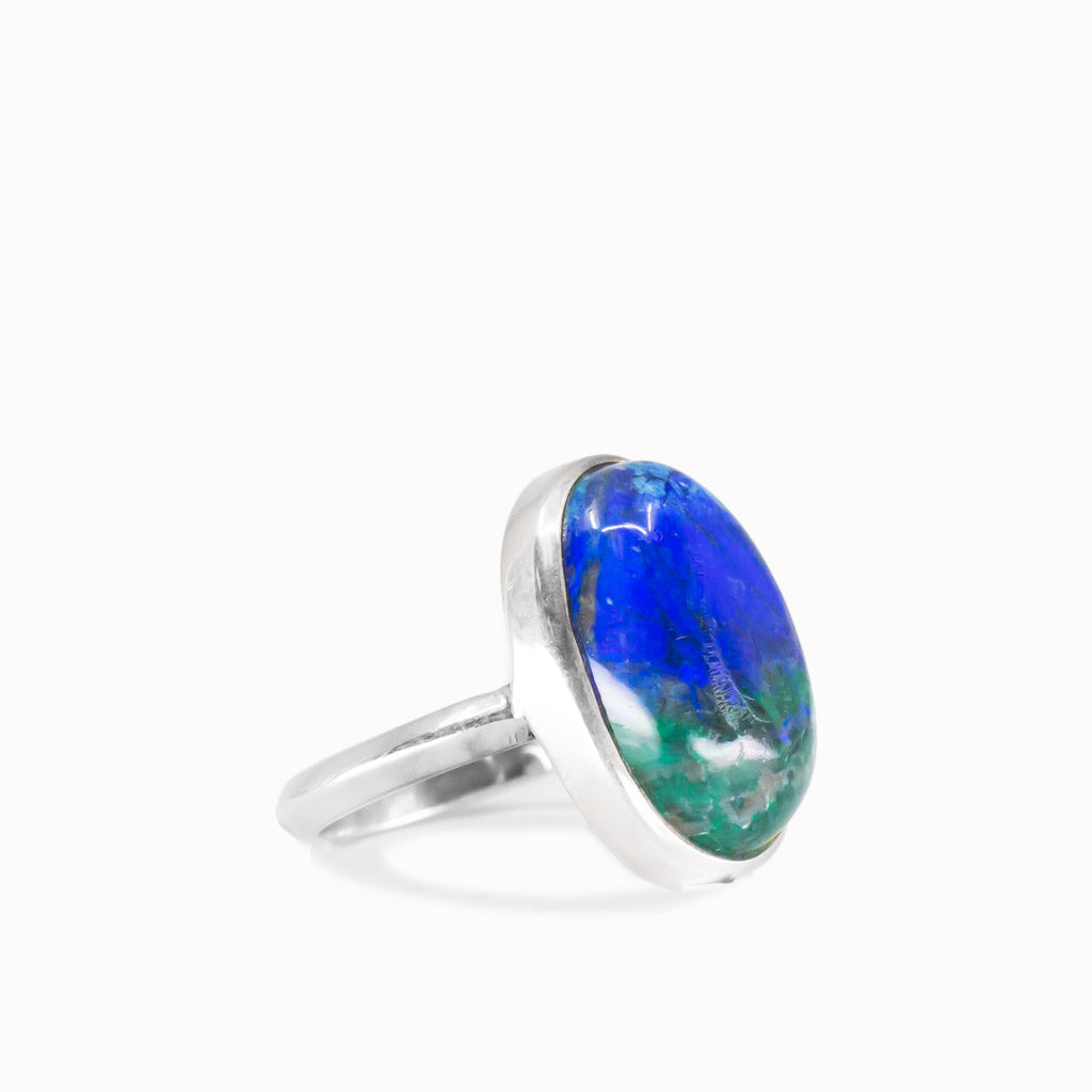 Azurite and dioptase oval cabochon ring in sterling silver with deep blue and green natural stone