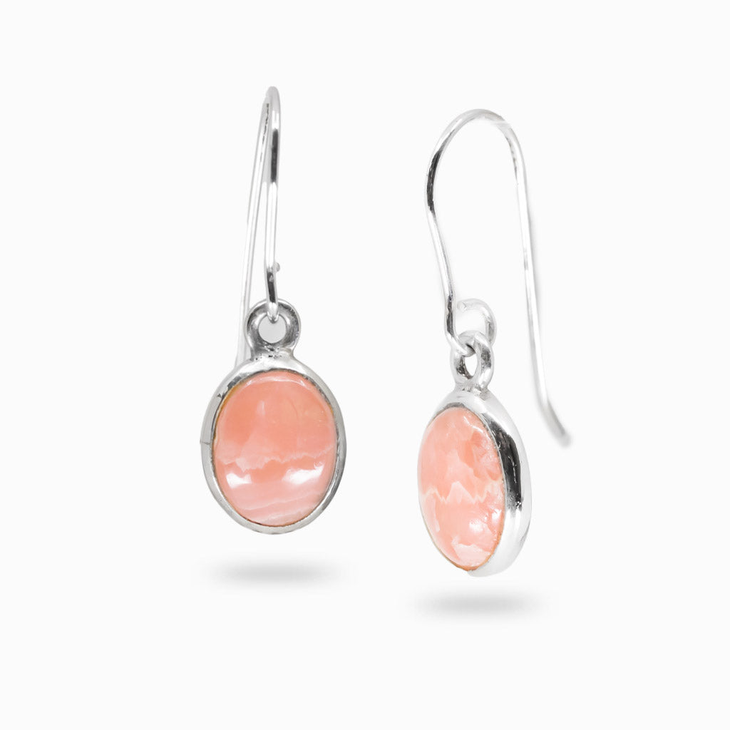 CABOCHON OVAL PINK RHODOCROSITE DROP EARRINGS STERLING SILVER 