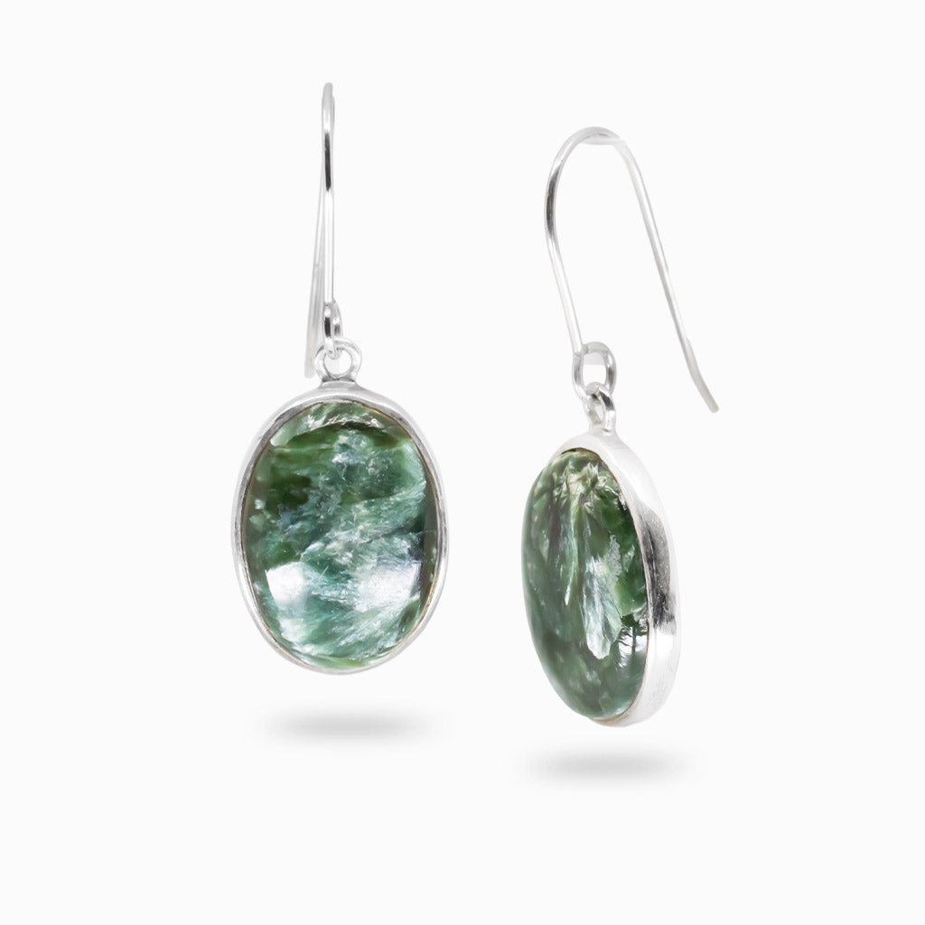 CABOCHON OVAL SERAPHINITE BEZEL DROP EARRINGS STERLING SILVER