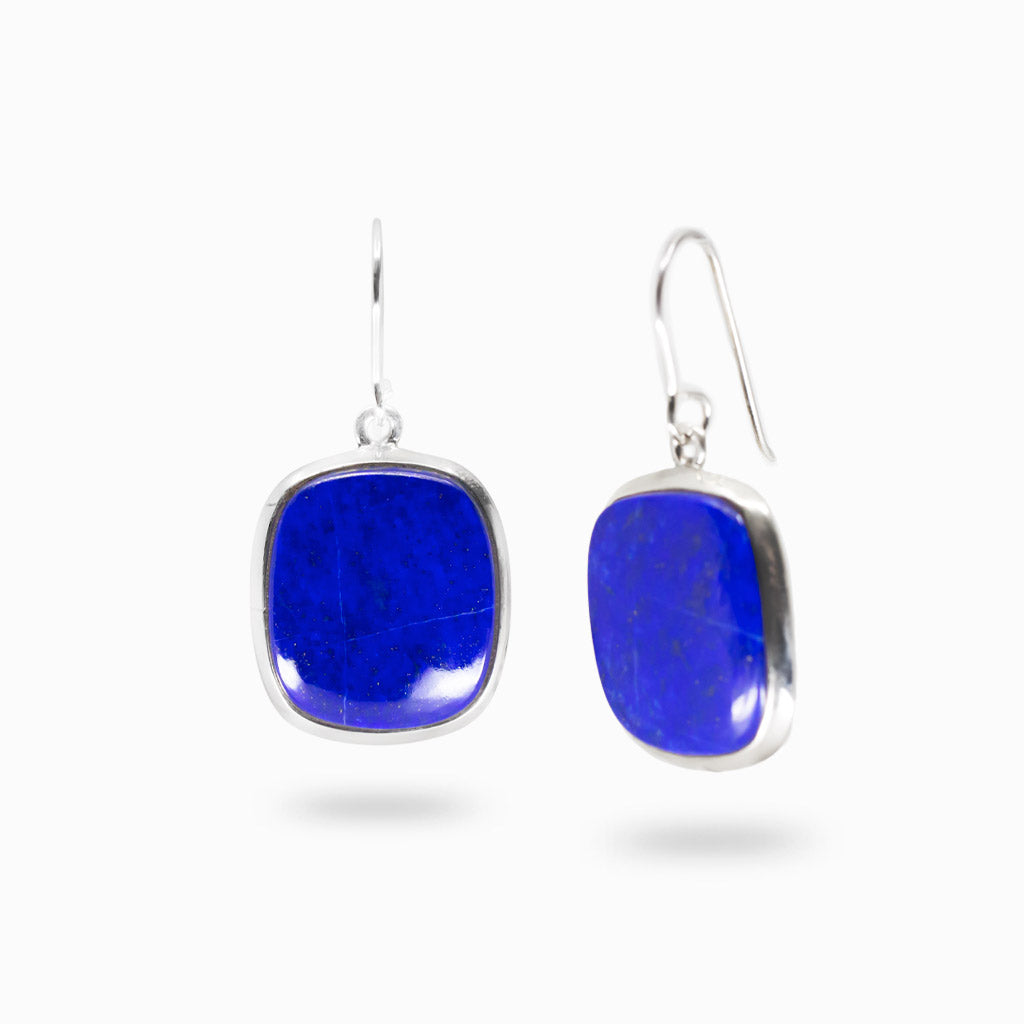 Square lapis lazuli cabochon drop earrings in sterling silver with deep blue stone and natural gold flecks