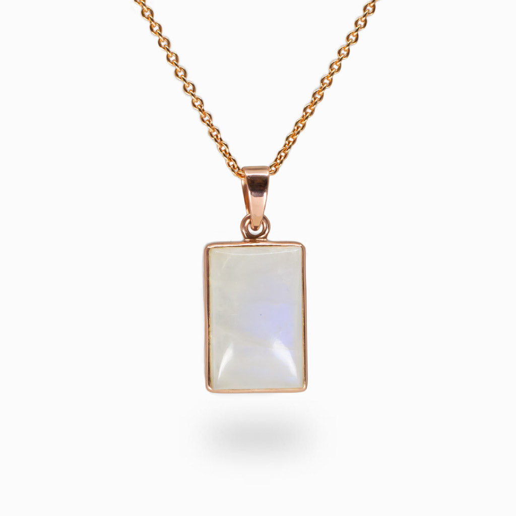 Rectangular cabochon Rainbow Moonstone pendant necklace in rose gold vermeil.