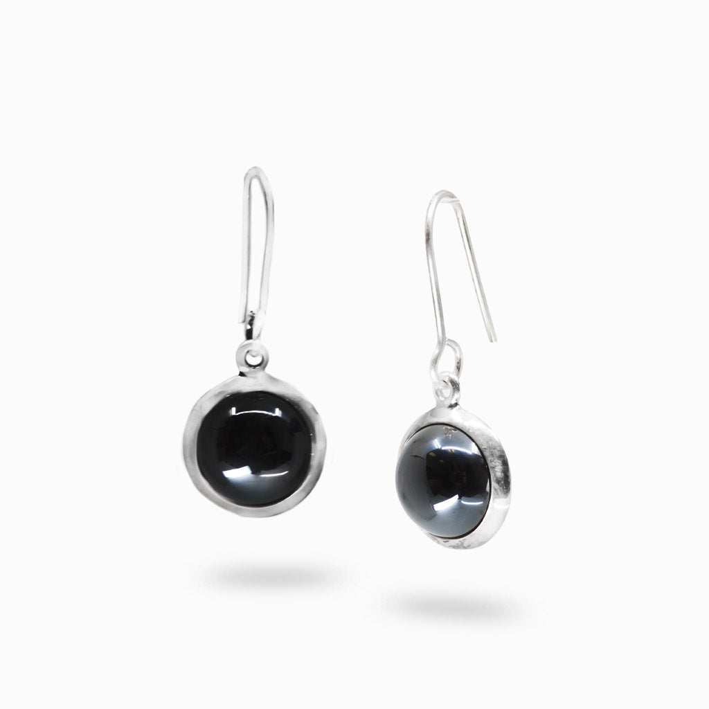 Hematite round cabochon bezel drop earrings in sterling silver with metallic shine