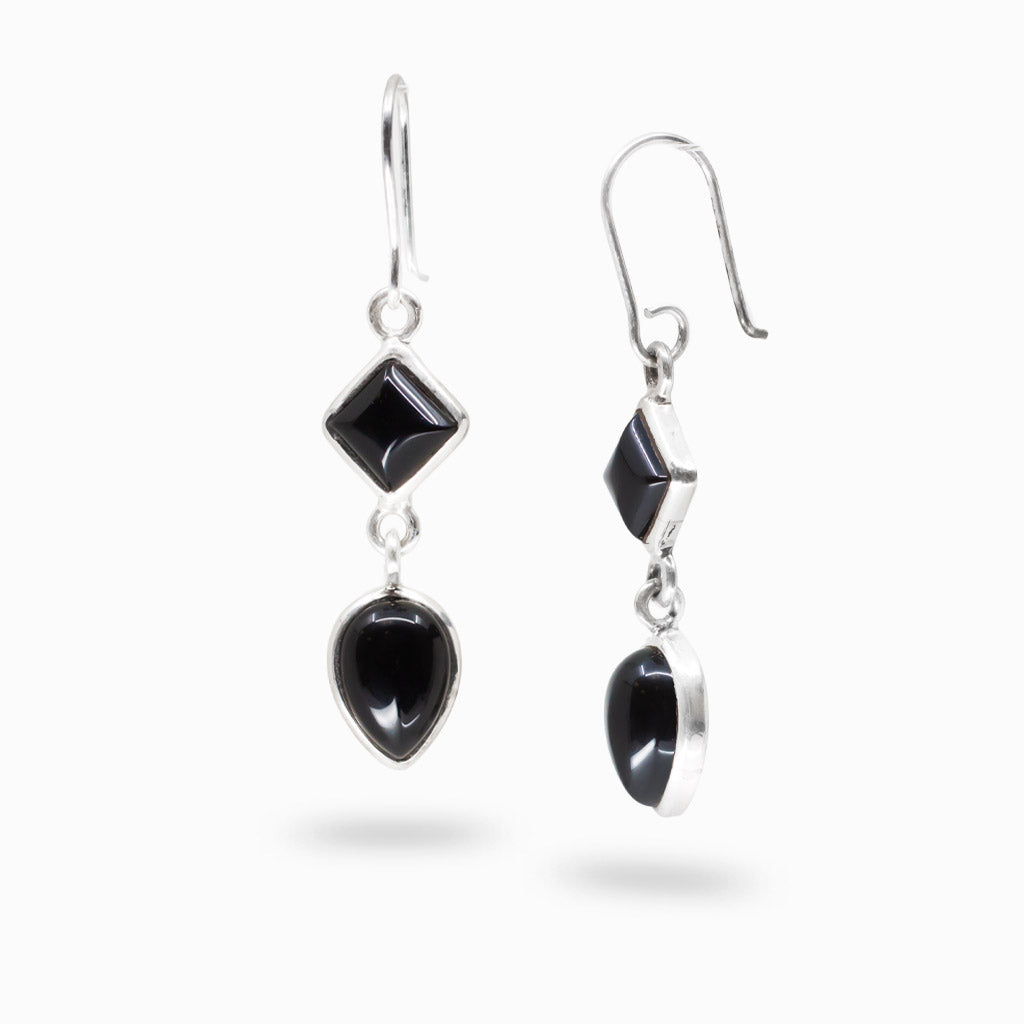 Black onyx multishape cabochon drop earrings in sterling silver with polished finish