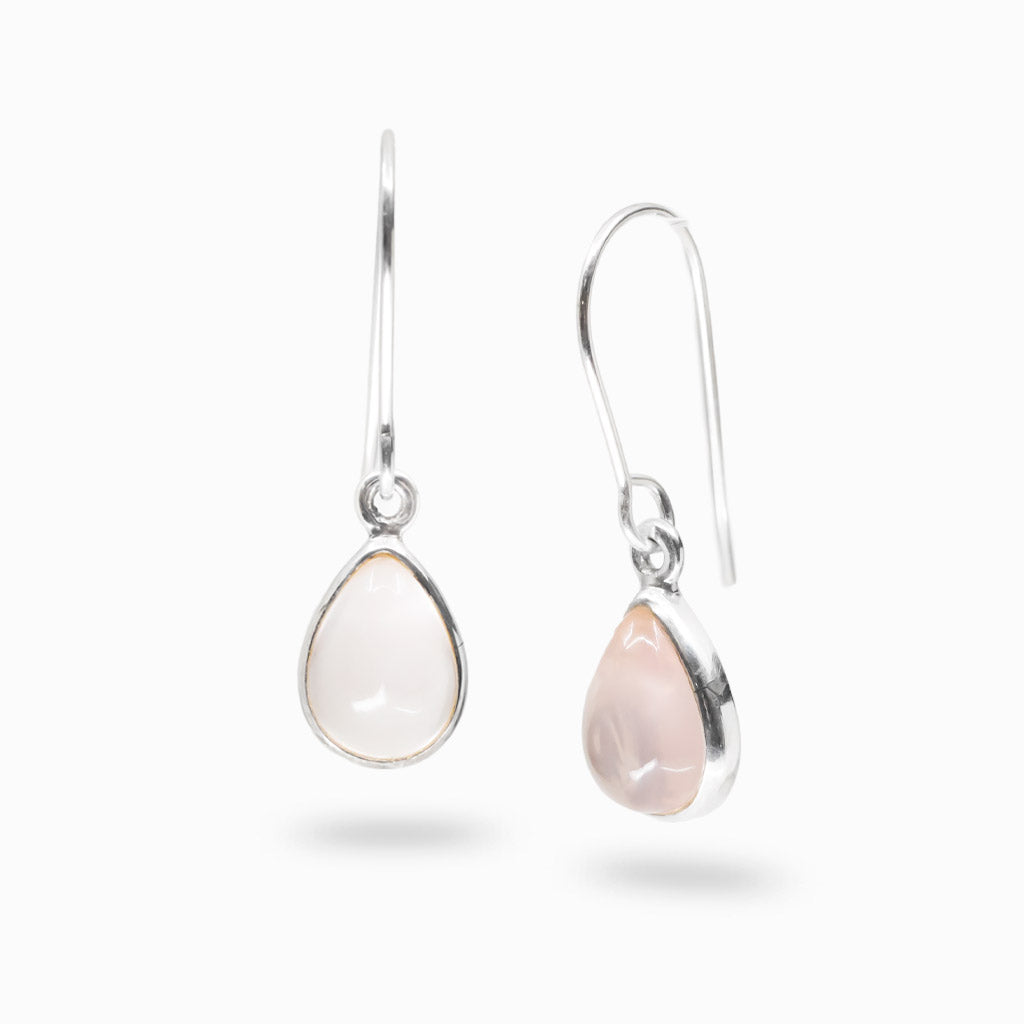 Rose quartz teardrop cabochon bezel drop earrings in sterling silver with soft pink tone