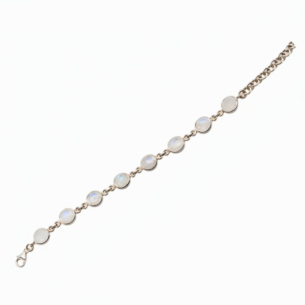 Rainbow Moonstone bracelet in sterling silver with oval faceted gemstones.