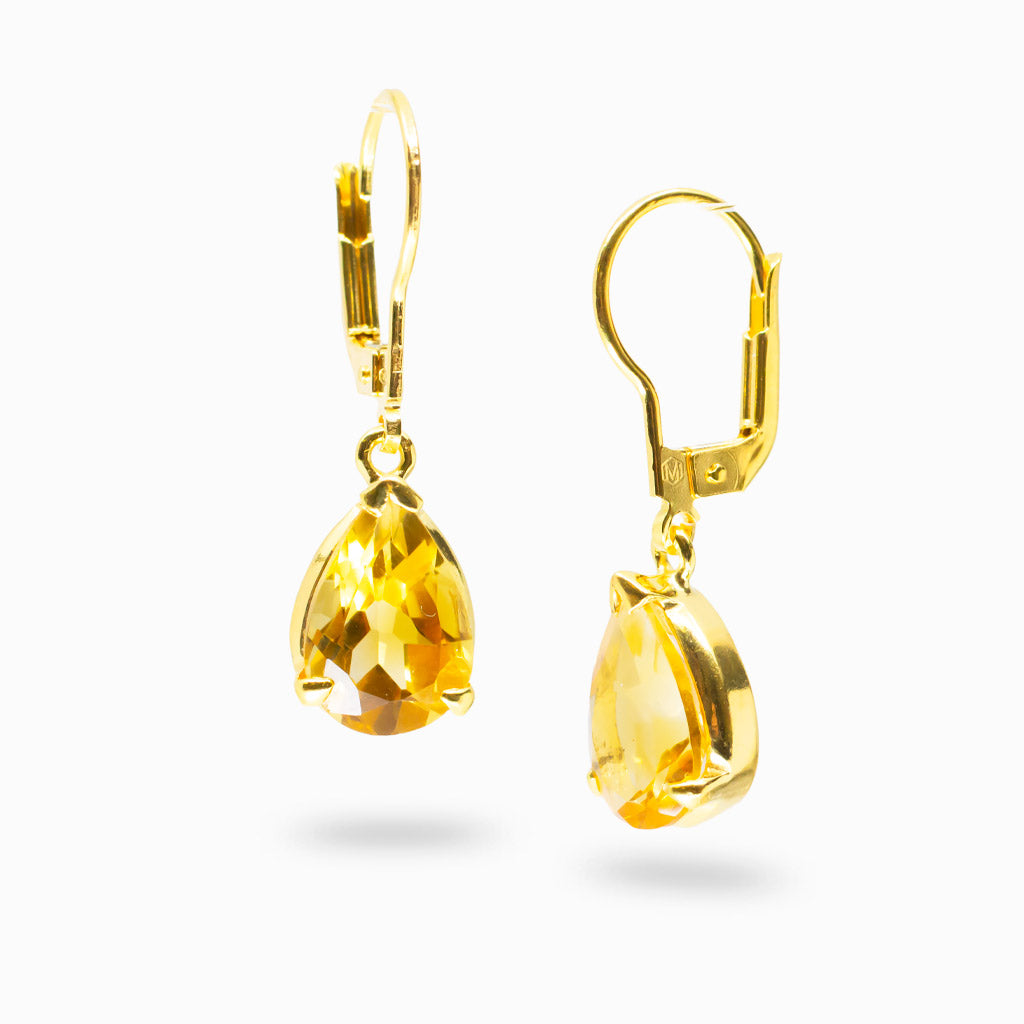 Faceted citrine teardrop drop earrings in yellow gold vermeil with warm golden gemstone and polished shine