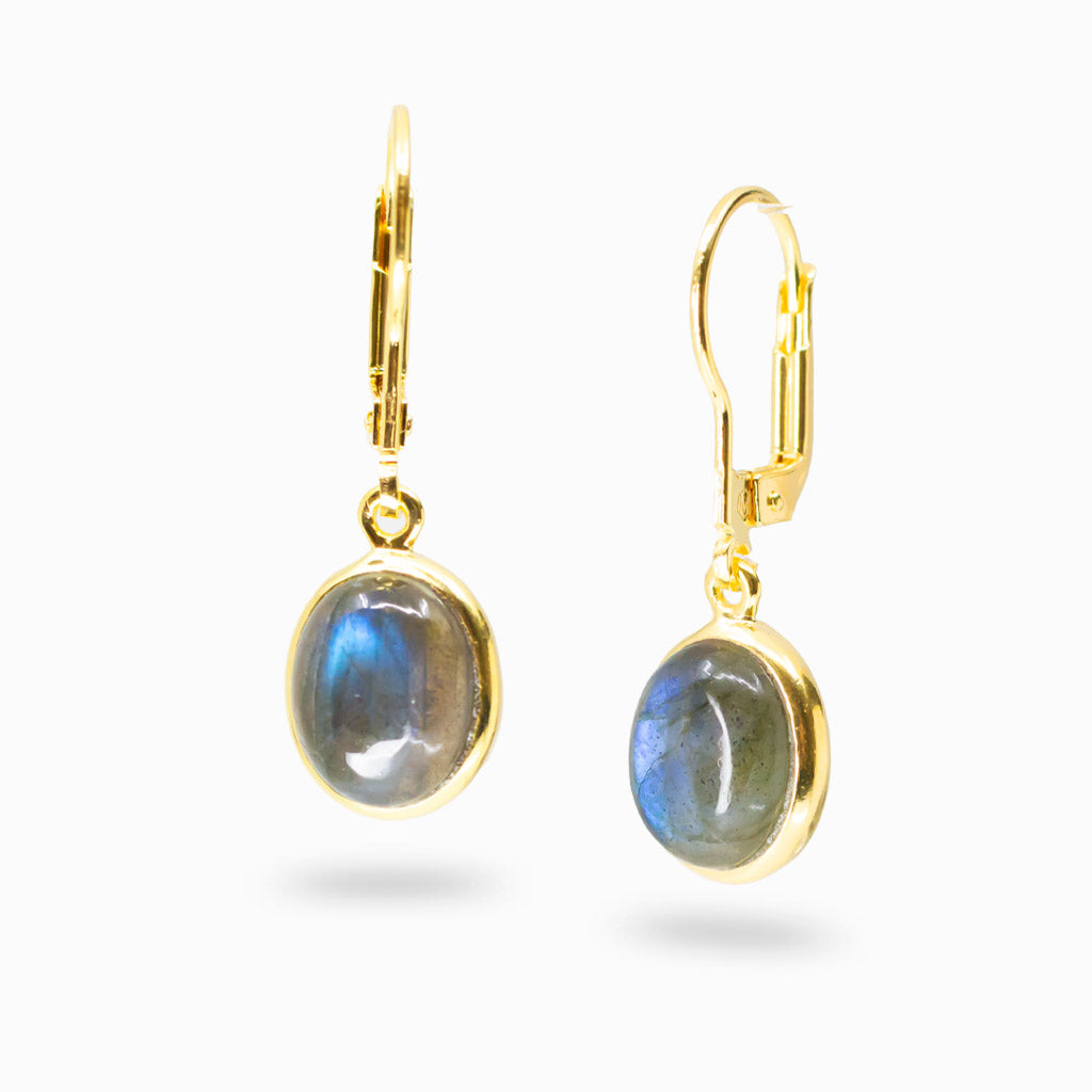 Labradorite oval cabochon drop earrings in yellow gold vermeil with blue iridescent flash and polished finish