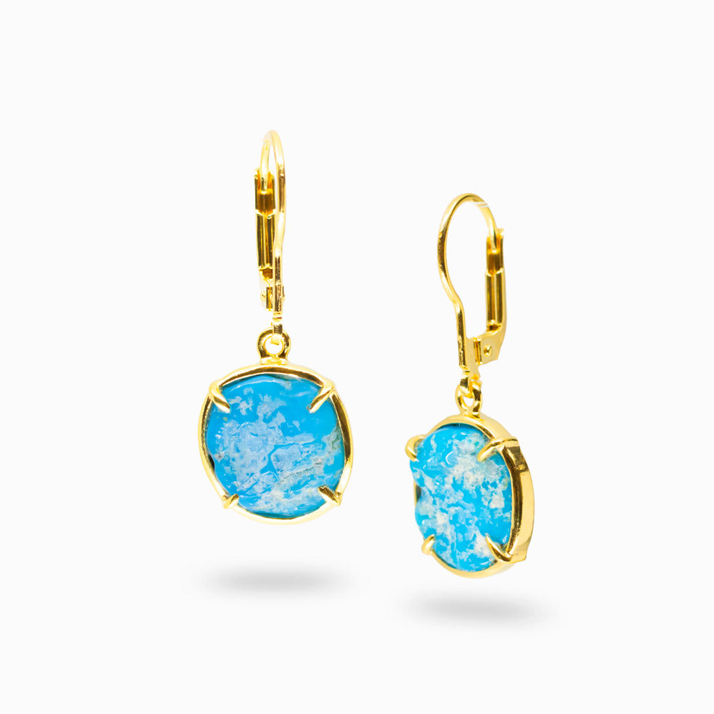 Raw Sleeping Beauty turquoise drop earrings in yellow gold vermeil with bright sky blue natural stone