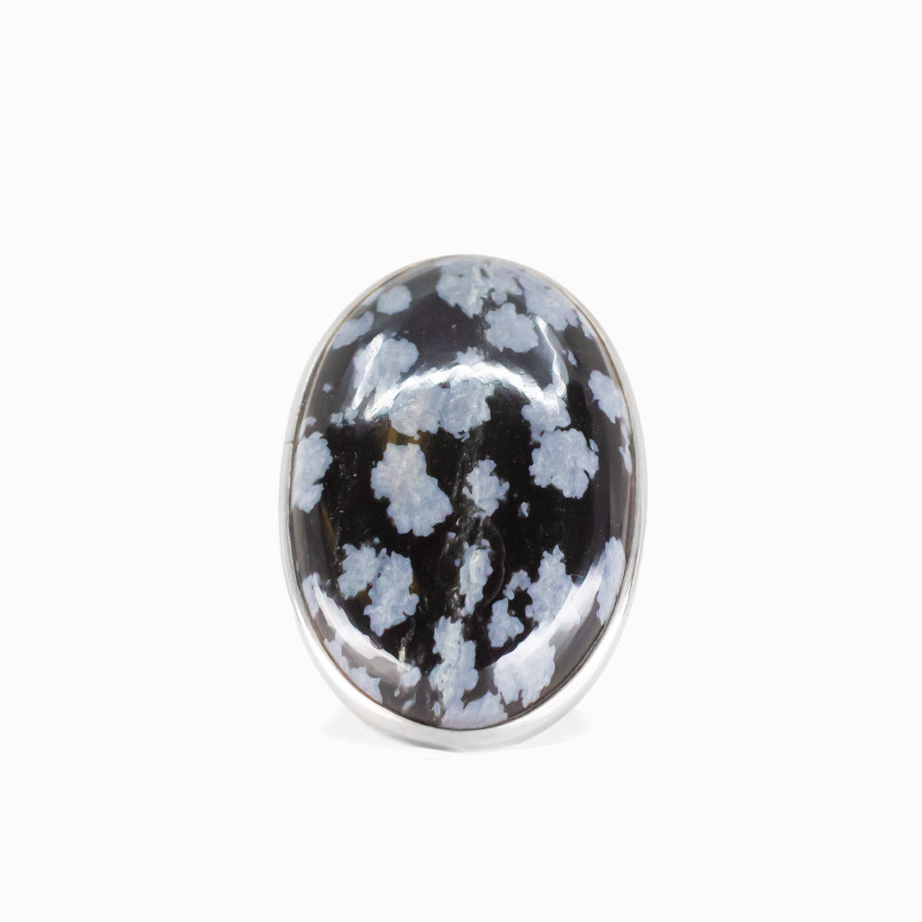 Snowflake obsidian oval cabochon ring in sterling silver with black and gray pattern
