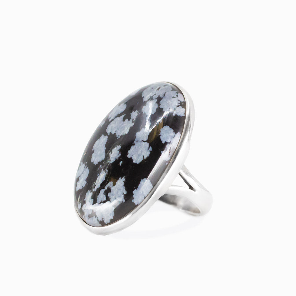 Snowflake obsidian oval cabochon ring in sterling silver with black and gray pattern