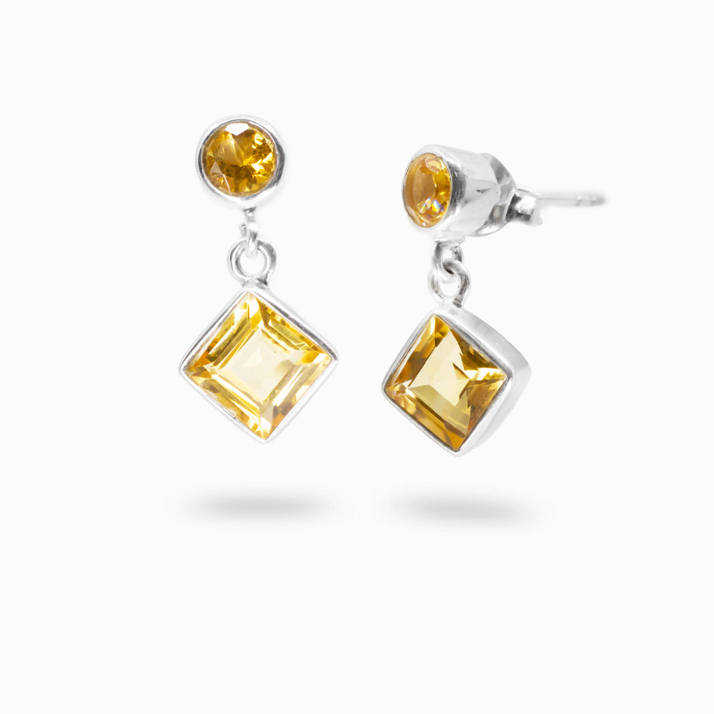 Faceted citrine double drop stud earrings in sterling silver with golden gemstones