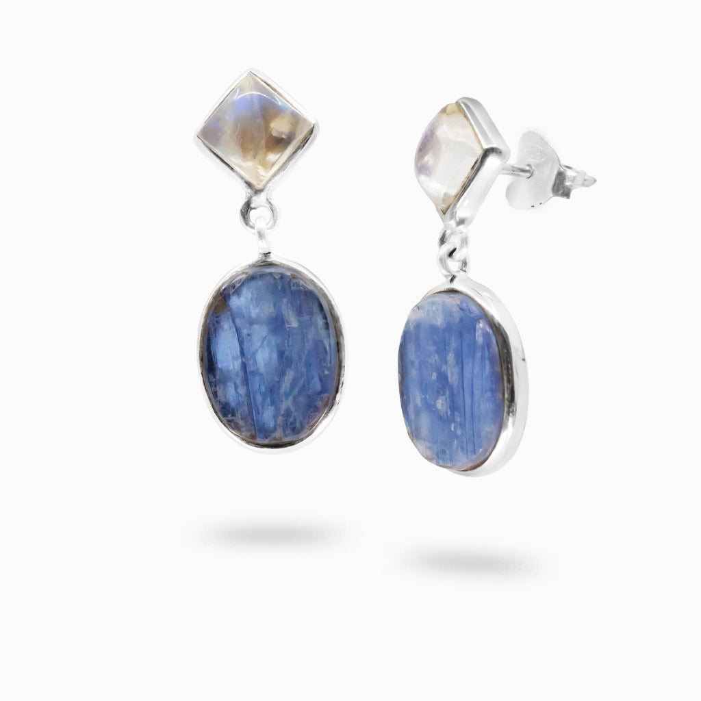 Rainbow moonstone and kyanite cabochon stud drop earrings in sterling silver