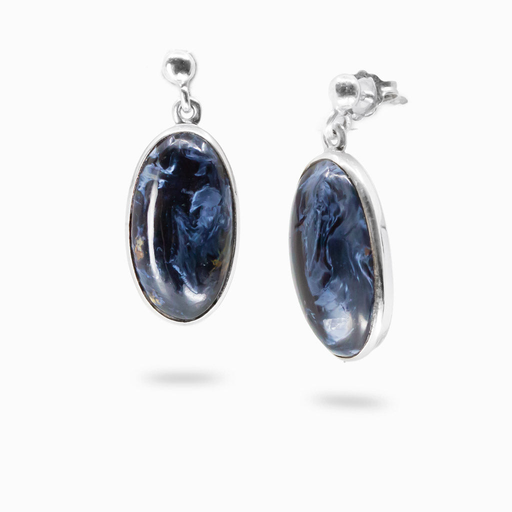 Pietersite oval cabochon stud drop earrings in sterling silver with swirling tones