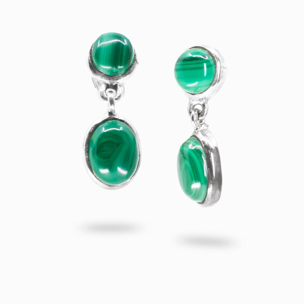 Malachite round and oval cabochon stud drop earrings in sterling silver