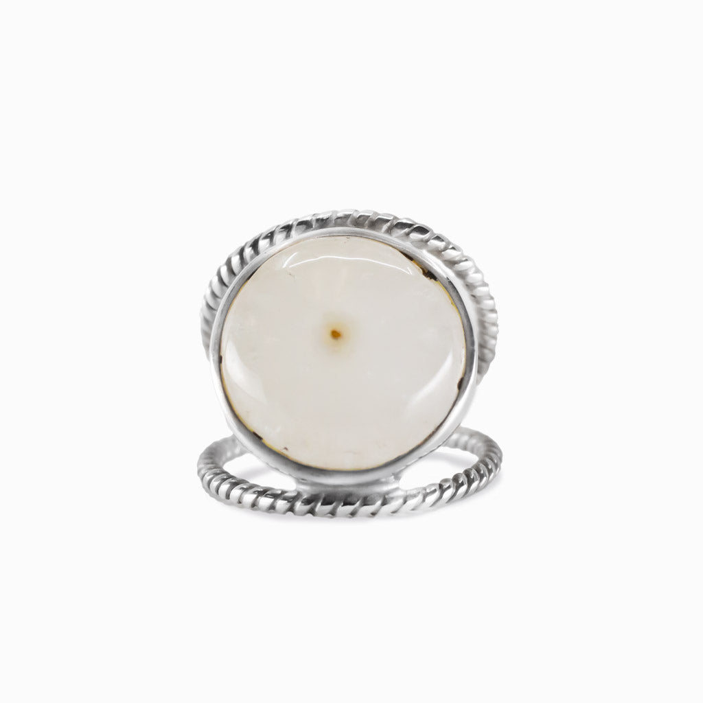 Round solar quartz ring with sterling silver double rope band