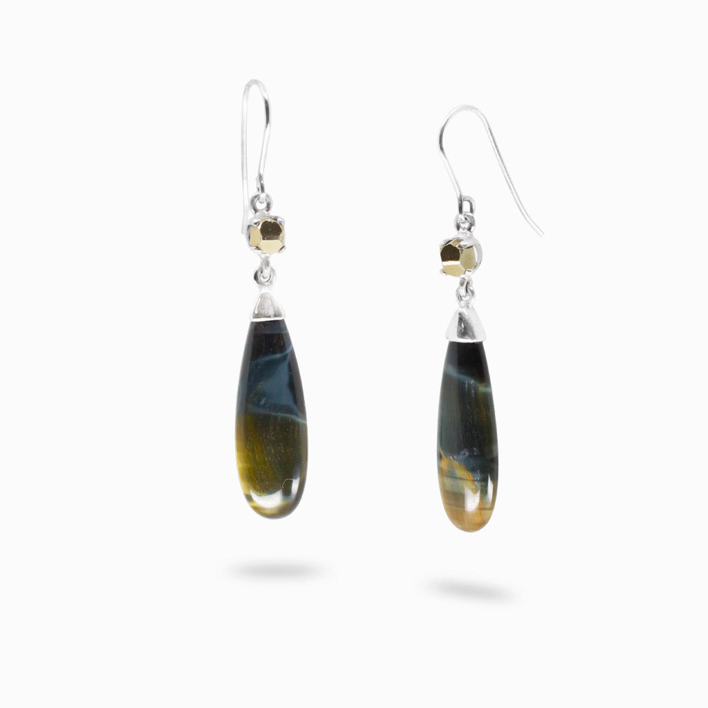 Pyrite and hawks eye drop earrings in sterling silver